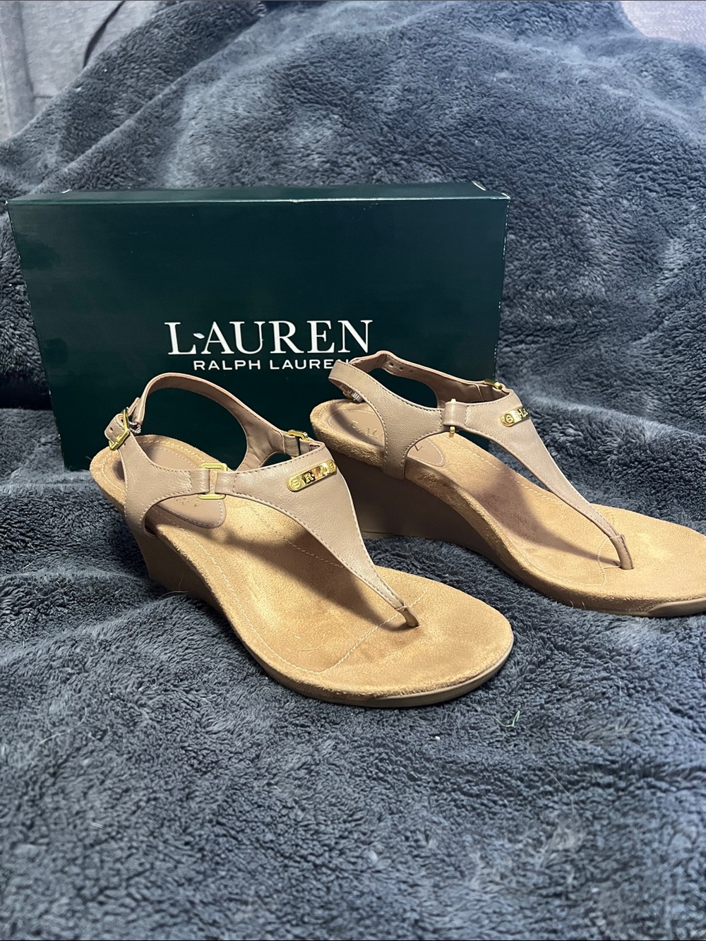 Lauren Ralph Lauren Beige/Tan Wedge Thong Sandals with Gold Accents